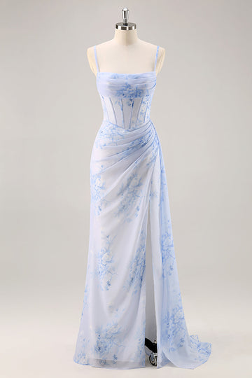 Blue Floral Mermaid Corset Long Bridesmaid Dress with Slit
